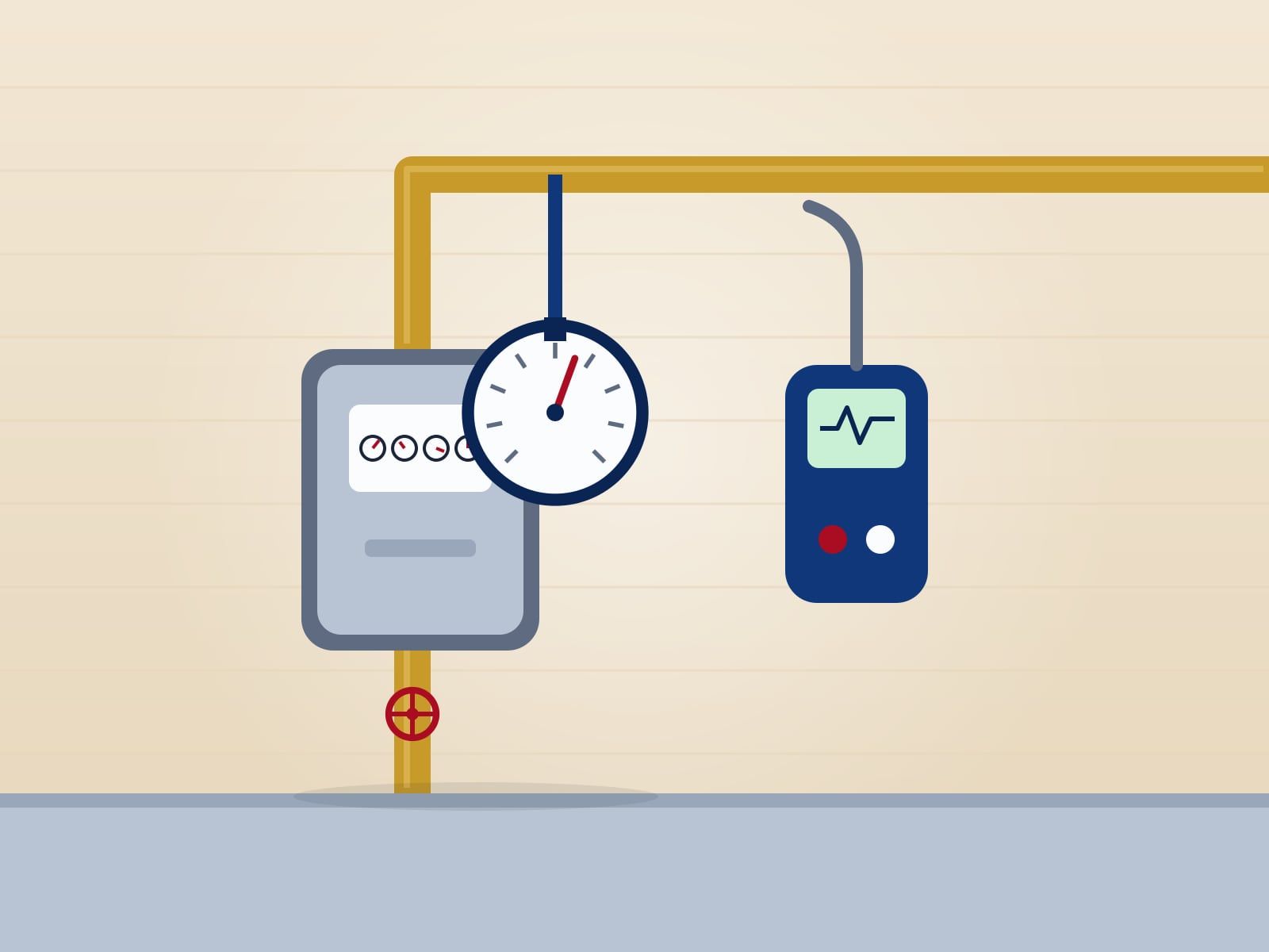 Illustration of a gas meter beside a house with a test gauge attached to the line