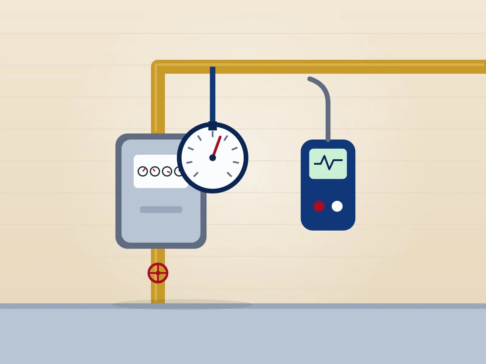 Illustration of a gas meter beside a house with a test gauge attached to the line